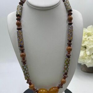 Antique Sterling Millefiori African Trade Bead Amber Resin Bakelite Necklace